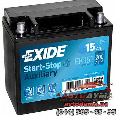Аккумулятор EXIDE Start-Stop AGM 6 СТ-15-L ek151