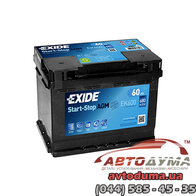 Аккумулятор EXIDE Start-Stop AGM 6 СТ-60-R ek600