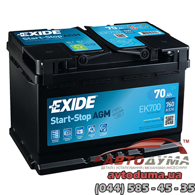 Аккумулятор EXIDE Start-Stop AGM 6 СТ-70-R ek700