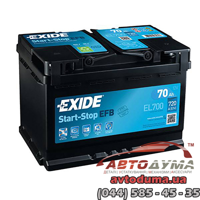 Аккумулятор EXIDE Start-Stop EFB 6 СТ-70-R el700