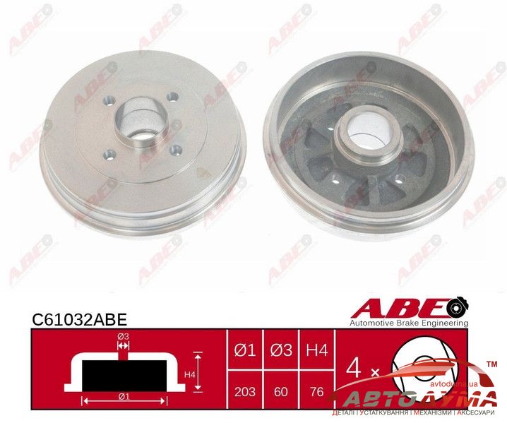  ABE C61032ABE - Задний тормозной барабан на Renault Kangoo D=203мм