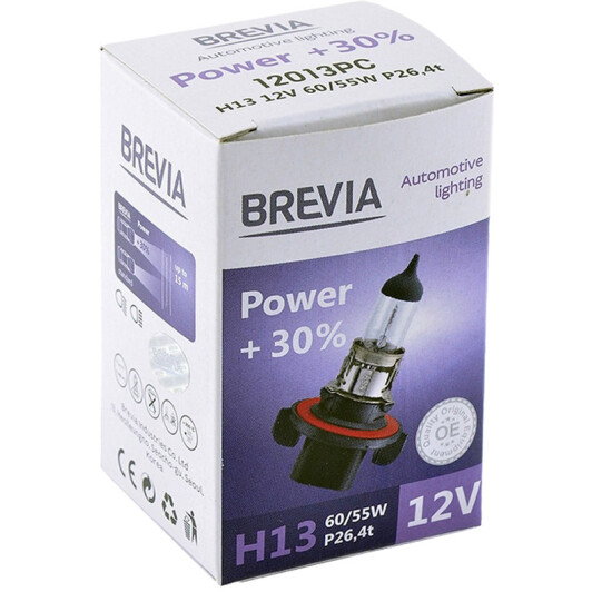 Автолампы Brevia 12013PC Power+30% H13 P26.4t 55 W 60 W прозрачная