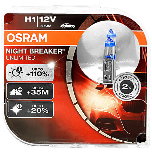 Автолампы Osram 64150NBU-HCB Night Breaker Unlimited H1 P14,5s 55 W прозрачно-голубая