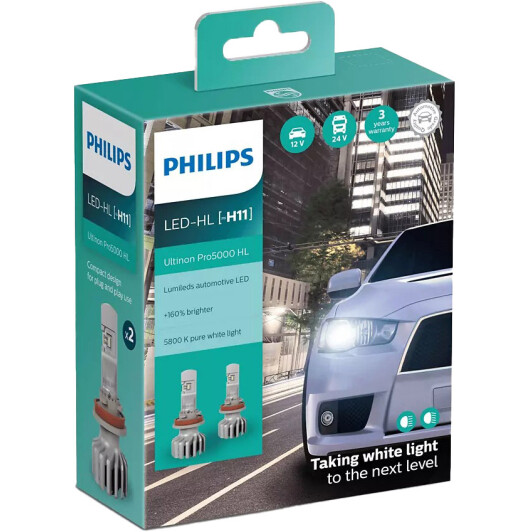 Автолампы Philips 11362U50CWX2 Ultinon Pro5000 H11 PGJ19-2 15 W