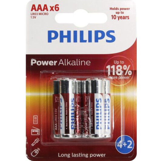 Батарейка Philips Alkaline Power LR03P6BP10 AAA (мизинчиковая) 1,5 V 6 шт