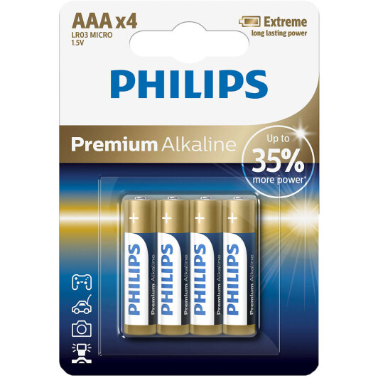 Батарейка Philips Premium Alkaline LR03M4B10 AAA (мизинчиковая) 1,5 V 4 шт