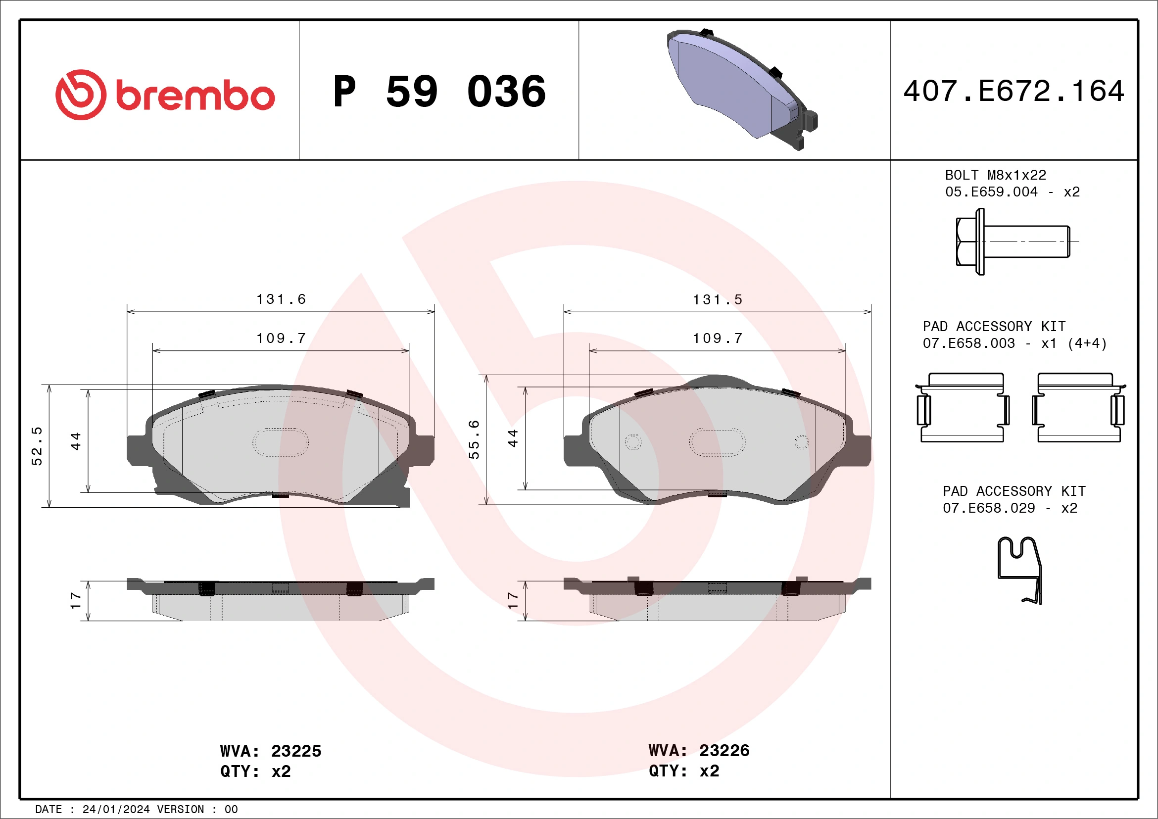BREMBO P59036 Тормозные колодки дисковые, к-кт.